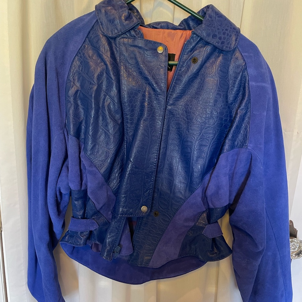 NWT 1980s Vintage Blue Suede Leather Bomber Jacket.